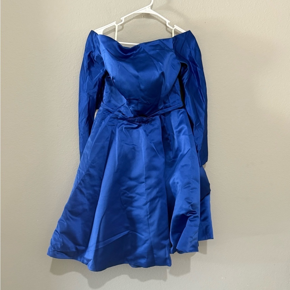 Blue Pleated Off-Shoulder Dress bow waist satin wedding guest formal cocktail - Picture 10 of 15